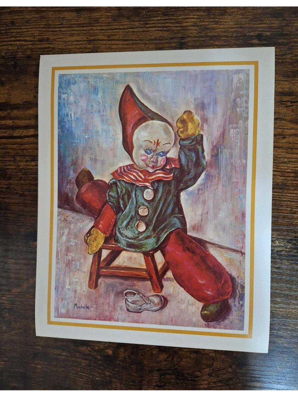 1960s Clown Doing Splits Lithograph Print Artist Signed Michele Reprint